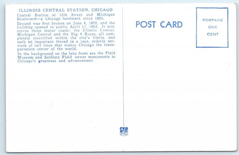 c1930s Chicago, IL Illinois Central Station Railway Depot PC Train Trolley A276