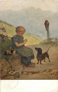 Germany vintage art postcard dutch girl & teckel dog friendship Th. Kleehaas
