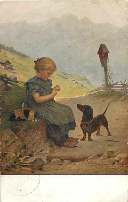 Germany vintage art postcard dutch girl & teckel dog friendship Th. Kleehaas