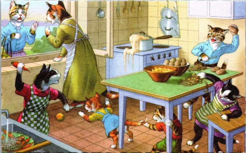 Alfred Mainzer Artwork Postcard Dressed Cats Kittens Playing in a Kitchen