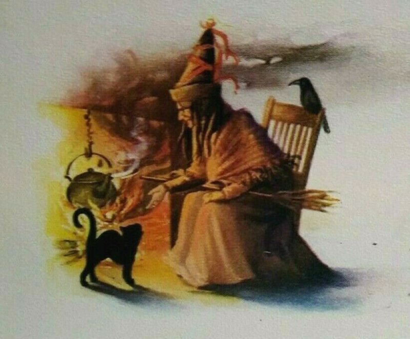 Vintage Halloween Postcard Witch Crow Cauldron Black Cat Gibson Unused Original