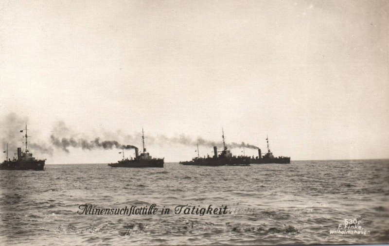 German Navy Minesweeper Flotilla Ships in Action WWI RPPC Postcard