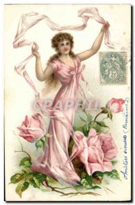 Old Postcard Fantasy Flowers Woman (raised)