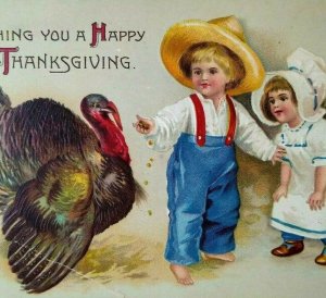 Thanksgiving Postcard Ellen Clapsaddle Unsigned Farmer Boy Feeds Turkey 1908