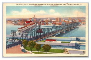 Governement Bridge and Roller Dam Davenport Iowa IA UNP LInen Postcard Y10