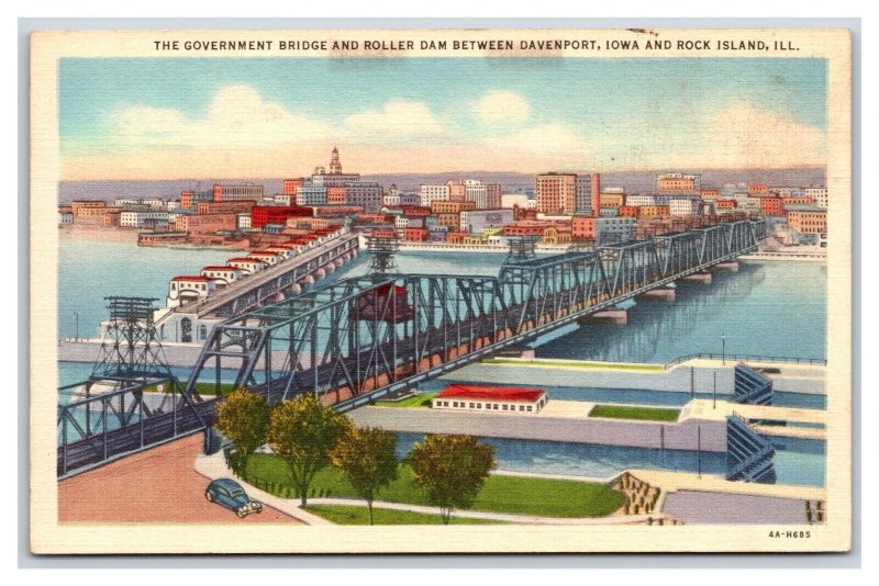 Governement Bridge and Roller Dam Davenport Iowa IA UNP LInen Postcard Y10