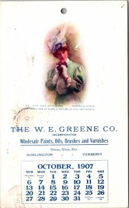 PC The W.E. Greene Co Burlington Vermont October 1907 Calendar Society Girl