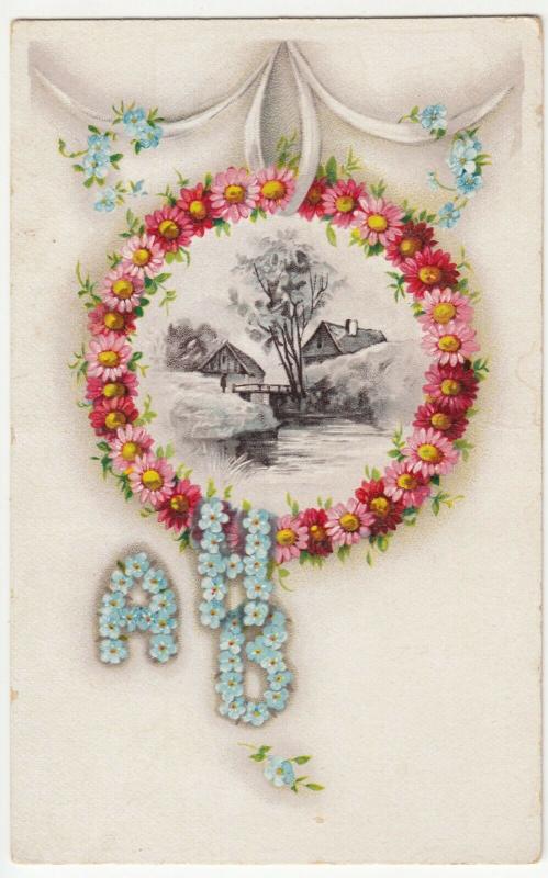 Greetings; Wreath Decorated With Flowers, Initials AHB PPC c 1905 - 1910, Unused