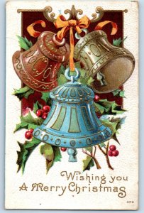 1909 Christmas Ringing Bells And Holly Berries Embossed Susquehanna PA Postcard