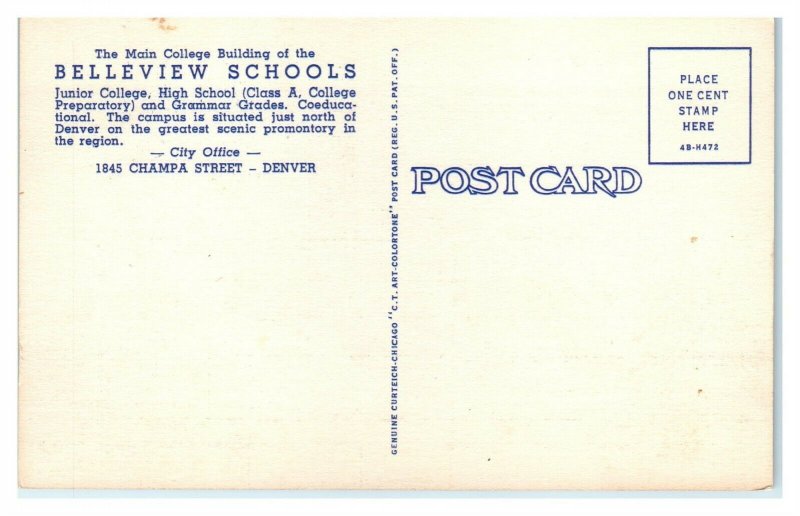 Central College Building, Belleview Schools, Denver, CO Postcard *6V(2)17