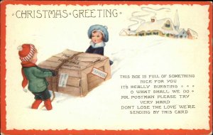 Whitney Christmas Cute Kids Children with Giant Box in Snow Vintage Postcard