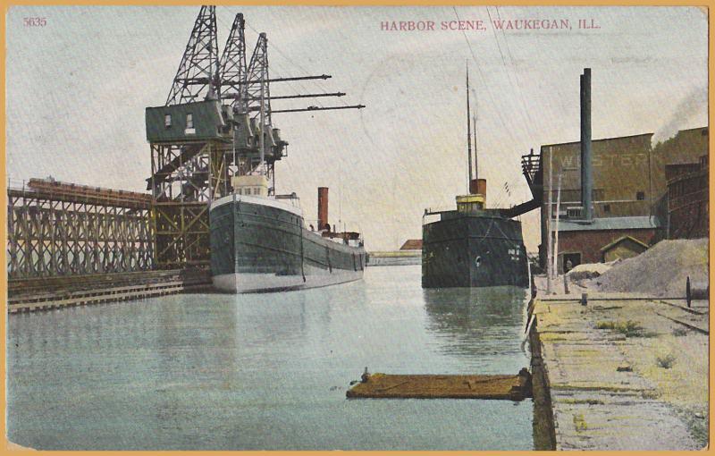 Waukegan, ILL., Harbor Scene-Two steam freighters at the loading docks-1907