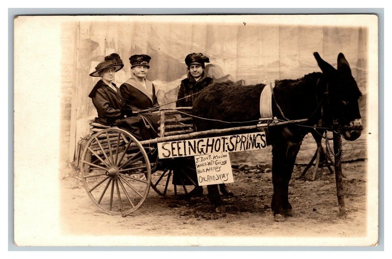 c1910 Postcard Seeing Hot Springs Arkansas 3 Women Cart Donkey Mule pc2150