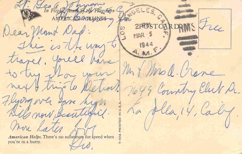 American Airlines Flagship Plane Flight Crew postmarked 1944 postcard