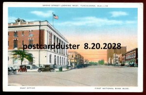 h3197- TUSCALOOSA Alabama Postcard 1930s Broad Street. Post Office. Bank