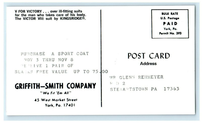 c1980s Victory Suit Kingsridge GriffinSmith Company York PA Advertising Postcard