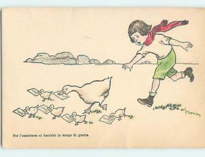 Pre-Linen foreign signed BOY CHASES AFTER DUCK BIRDS HOLDING ENVELOPES HL9455