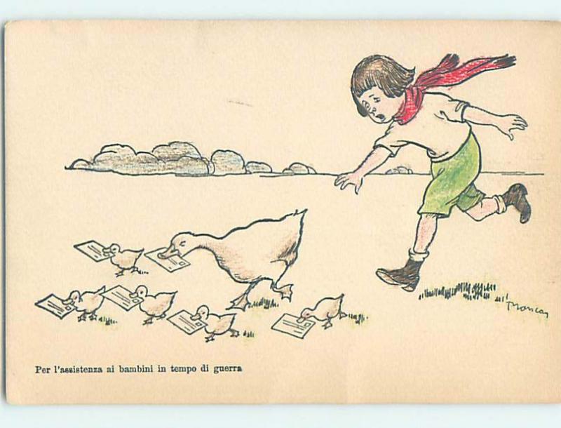 Pre-Linen foreign signed BOY CHASES AFTER DUCK BIRDS HOLDING ENVELOPES HL9455