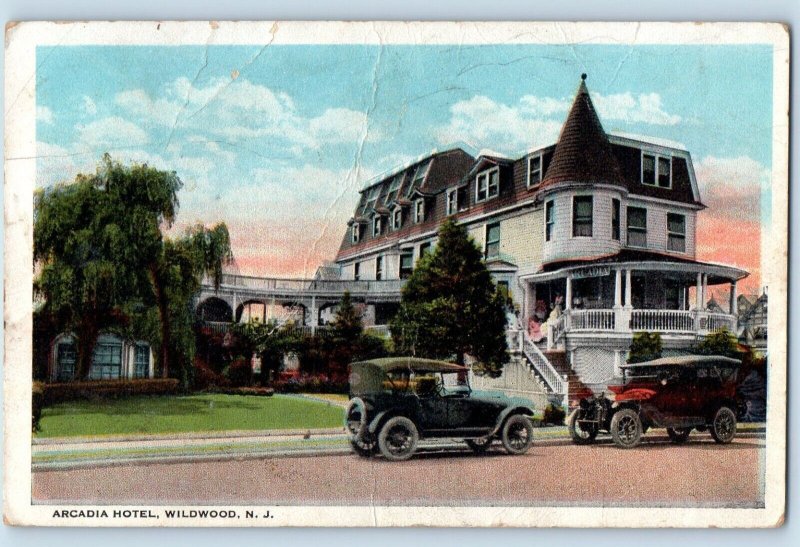 c1926 Wildwood New Jersey NJ Vintage Postcard Arcadia Hotel Classic Cars Posted