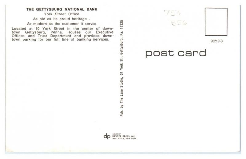 1960s/70s Gettysburg National Bank, York Street Office, Gettysburg, PA Postcard