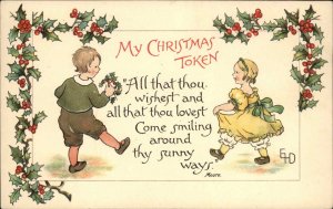 Nister Ethel DeWees Christmas Boy and Girl Dancing c1910 Vintage Postcard