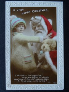 Happy Christmas FATHER CHRISTMAS & LITTLE GIRL - Old RP Postcard