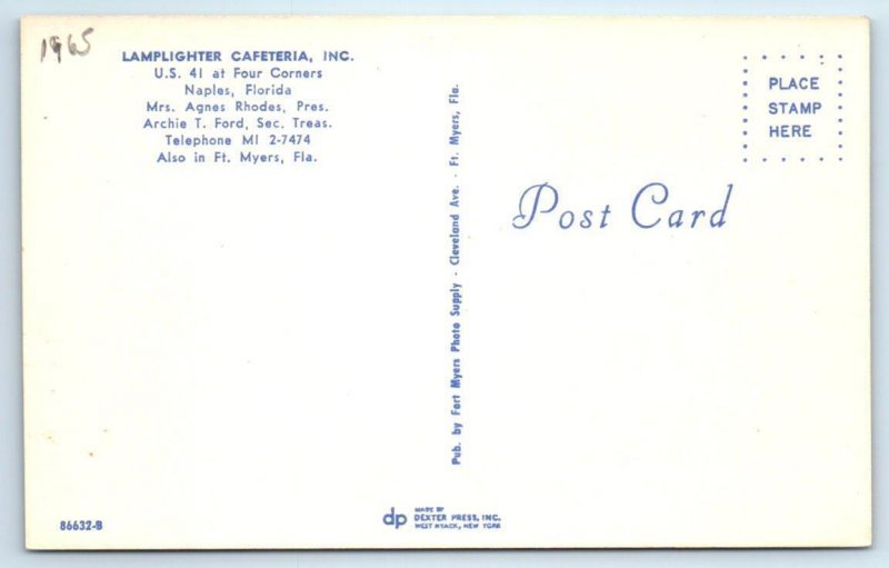 NAPLES, Florida FL ~ Roadside LAMPLIGHTER CAFETERIA Restaurant c1960s Postcard