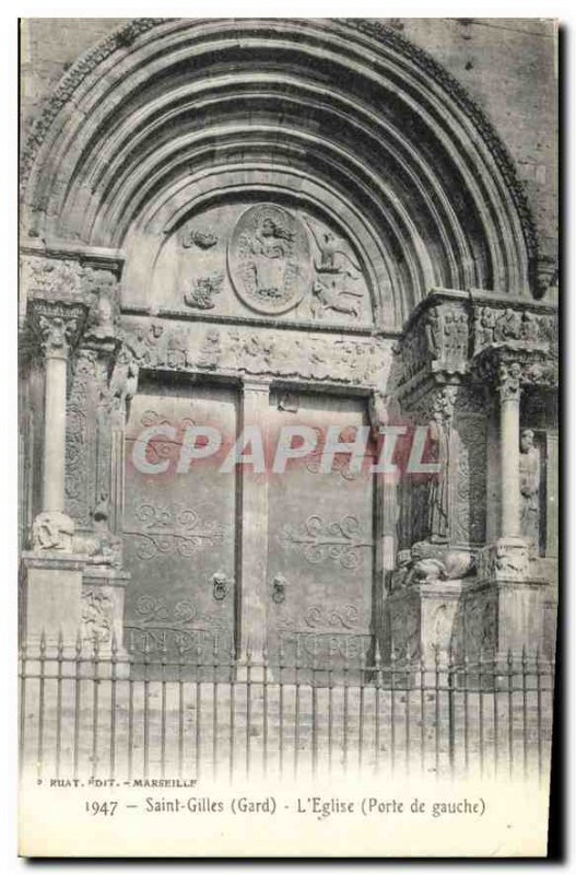 Postcard Old Saint Gilles Gard the church door Left