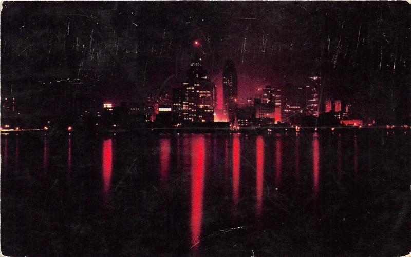 Detroit Michigan Skyline Night Red White Lights Note On Back