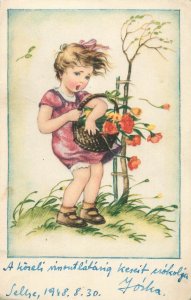 Drawn children scenes greetings postcard Hungary 1948 girl poppy flowers windy