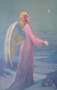 1907 Fantasy Angel Under Moon Antique Vintage Christmas Postcard Germany