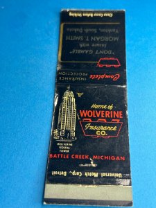 Vintage Matchbook Cover Wolverine Insurance Co Battle Creek, Michigan MB162