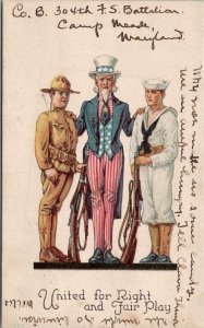 Uncle Sam Military United for Right & Fair Play 1917 Camp Meade MD Postcard Y6