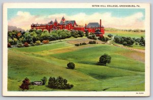 Greensburg Pennsylvania~Seton Hill College Grounds~Red Bldg~Sign~Linen Postcard