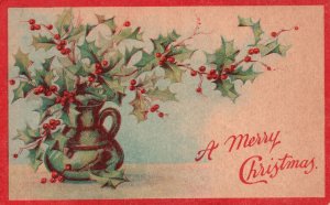 Vintage Postcard A Merry Christmas Xmas Greetings Card Holly Leaves Red Berries