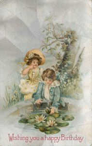 Winsch Birthday Postcard Children Playing in Water Lily Pond Silver Background