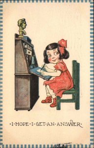 Children Comic Girl Writes Letter at Secreataire Desk to Boy c1910s Postcard