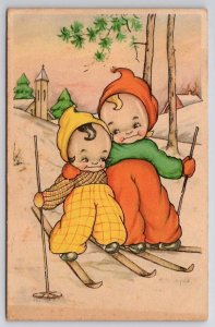Kewpie Children Skiing Artist Signed M.B. Cooper Postcard J32