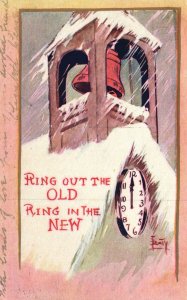 Vintage Postcard 1908 Ring Out The Old Ring in The New Snow Bell Clock Artwork