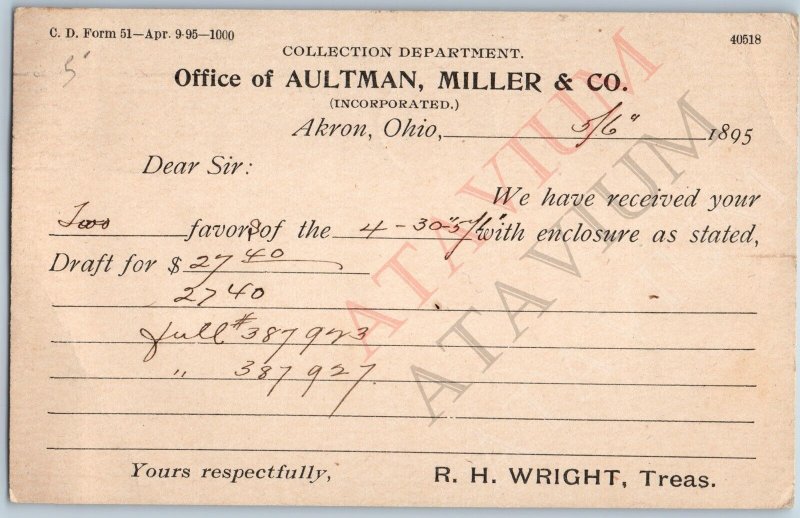 1895 Akron, OH Aultman Miller Invoice Receipt Jefferson Postal Card Red Oak A194