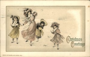 Christmas Lovely Woman Girls Snowball Fight Embossed WINSCH Vintage Postcard