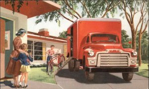 GMC Trucks Moving Truck Bicycle Bike Mid-Century Modern Ad Vintage Postcard