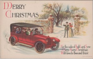 Postcard Merry Christmas People Driving Old Car For Sake Auld Lang Syne