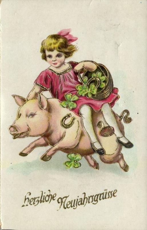 Happy New Year, Girl with Basket riding on a Pig, Four-Leaf Clovers (1927)