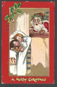 1910 PPC* Santa Watching Children Sleeping W/Doll Emb Tuck Card Creased
