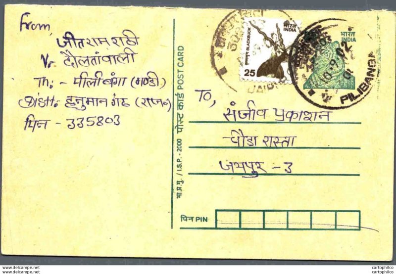 India Postal Stationery Tiger 25 Blackbuck to Jaipur Pilibanga cds