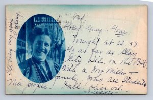 RPPC KIRKSVILLE MISSOURI WOMAN GLASSES TRAIN CYNOTYPE REAL PHOTO POSTCARD 1906