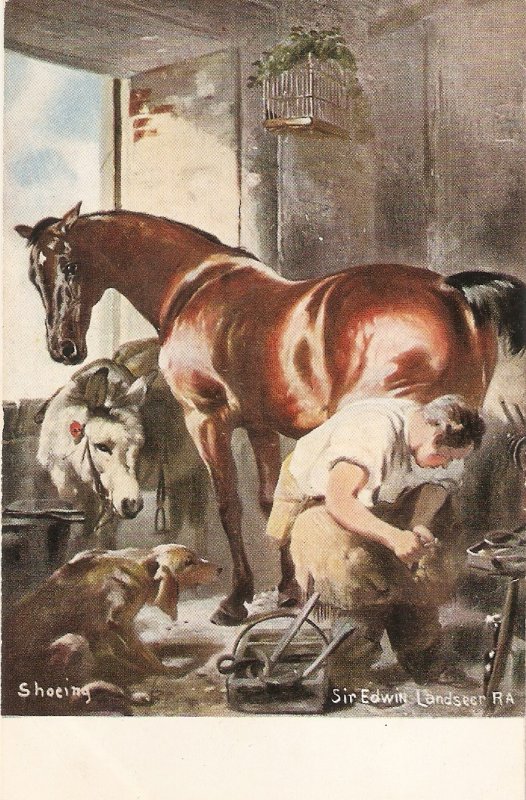 Sir Edward Landseer. Shoeing the horse Fine painting, vintage English PC