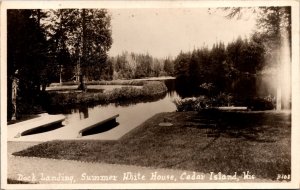 Real Photo Postcard Dock Landing, Summer White House in Cedar Island, Wisconsin