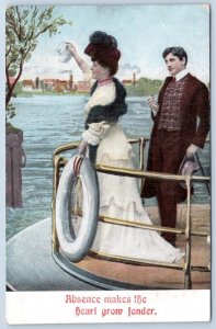 1910's ROMANTIC COUPLE ABSENCE MAKES THE HEART GROW FONDER BON VOYAGE POSTCARD